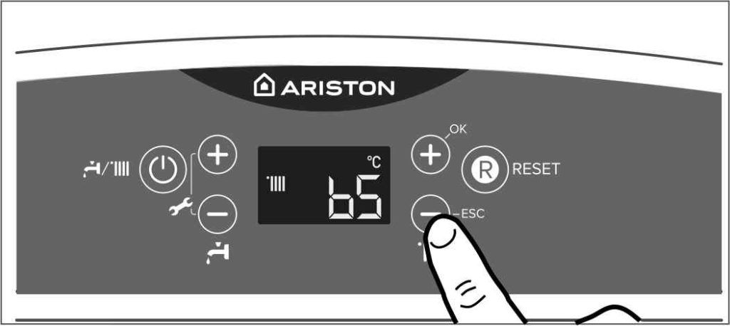 Нажмите на кнопку ESC на панели управления котлом Аристон