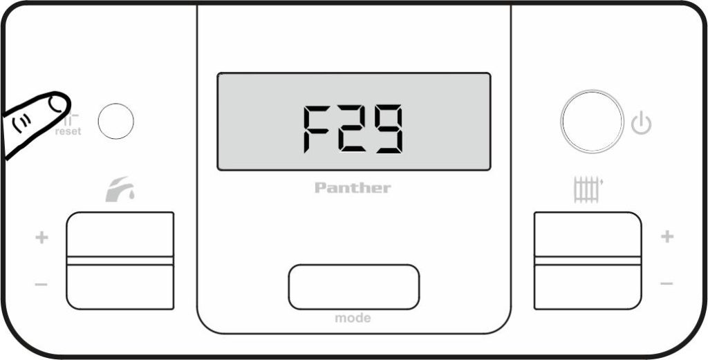 Устранение через кнопку сброс ошибки F29 на панели управления котлом Protherm